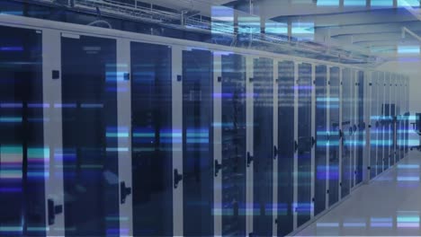 animation of blue mosaic sqaures and data processing against computer server room
