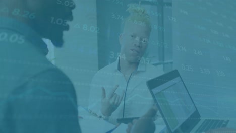 animation of financial data processing over diverse business people using laptop