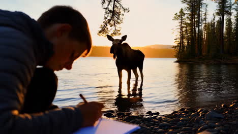 boy writing in nature, watching moose at sunset