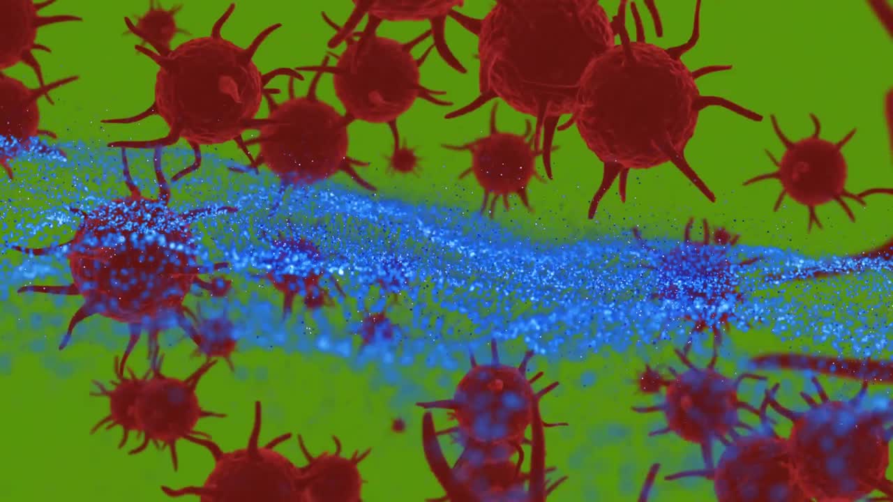 Animation of blue light trails and macro red covid 19 cells