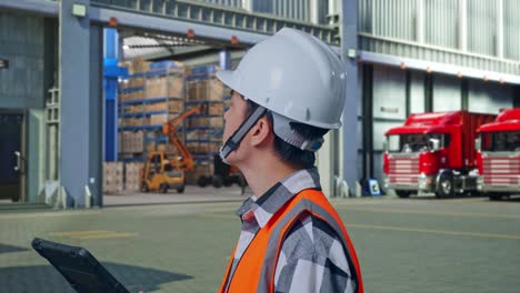 close up side view of asian male engineer with safety helmet looking at the tablet in his hand and looking around while standing , outside of logistics distributions warehouse