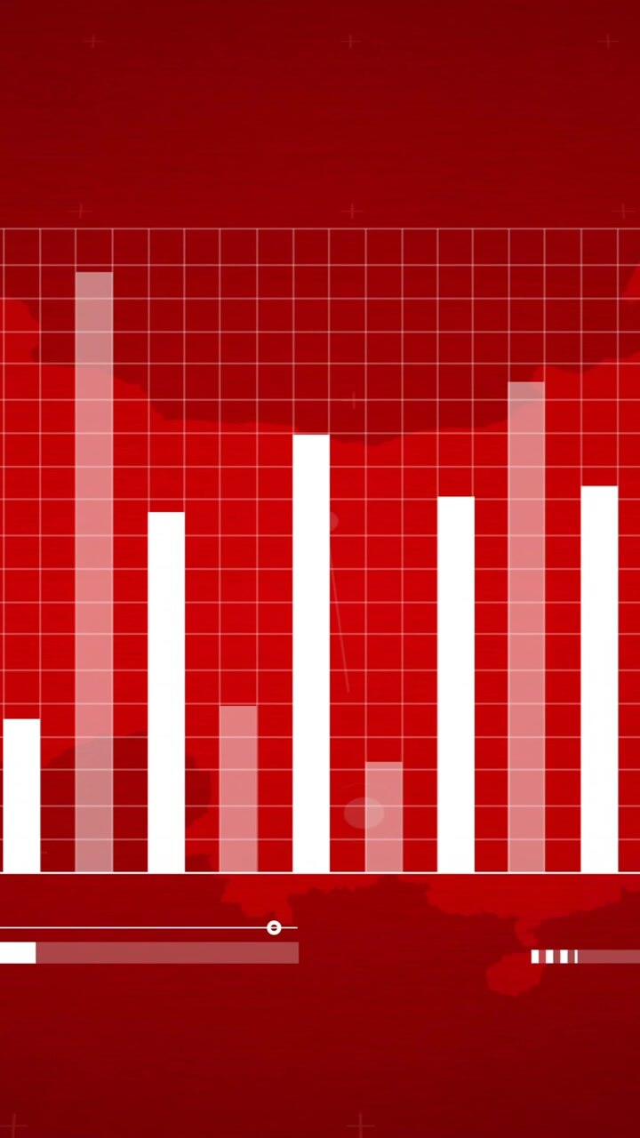 Bar chart and data processing animation over Chinese flag background