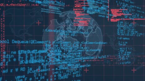 digital animation of data processing over grid network against spinning globe on blue background