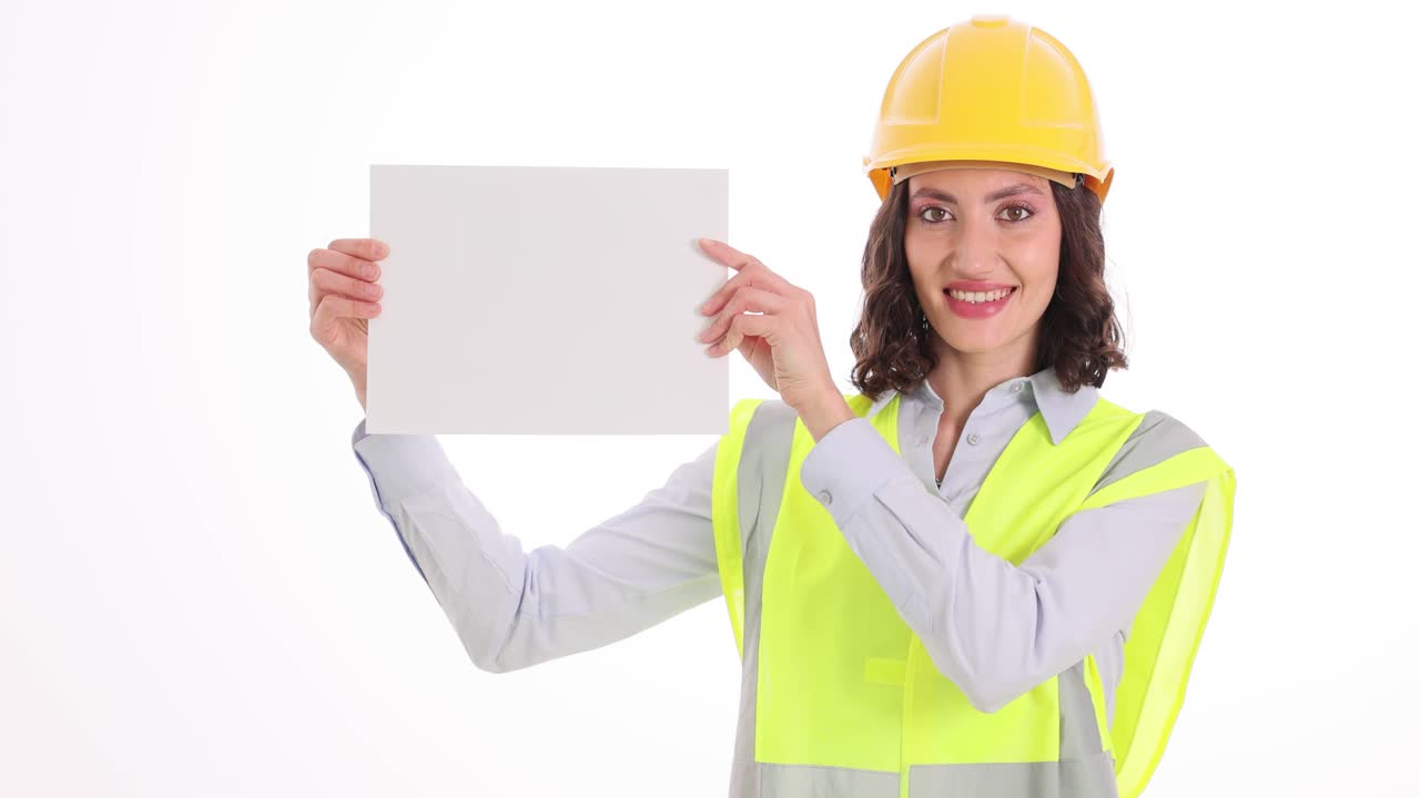 Woman Construction Worker Holding a Blank White Sign