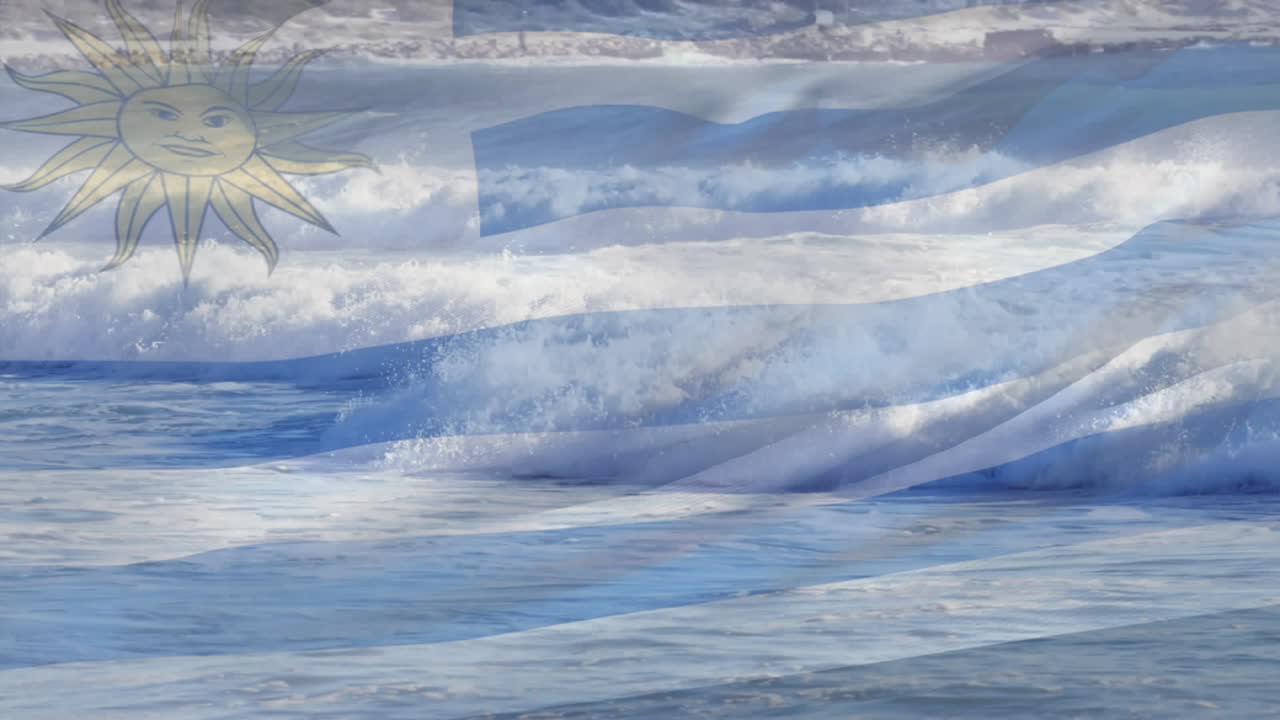 해변 해양 풍경 위에 날아다니는 우루과이 국기의 애니메이션