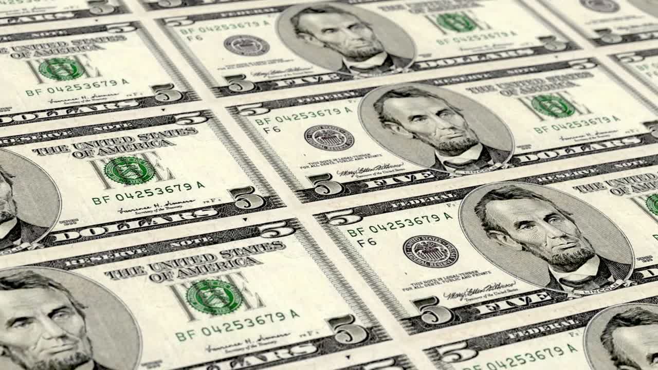 billete de cinco dólares de los estados unidos bucle infinito resolución 4k