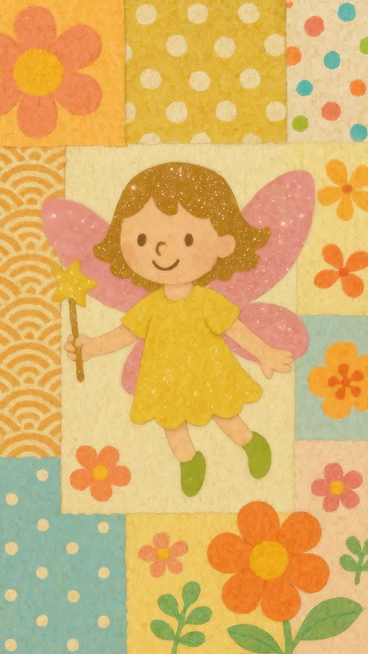 Colagem lúdica de uma fada com uma varinha em papel estampado colorido