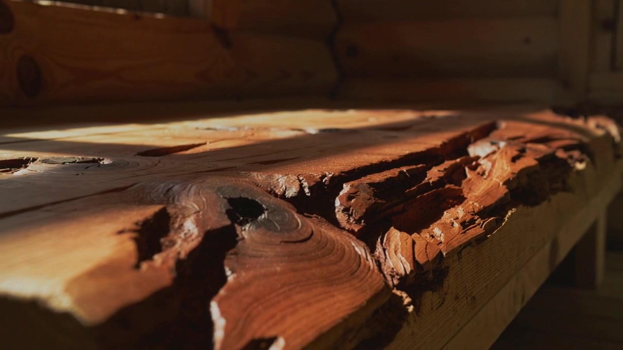 Cámara alejándose revelando una tabla de madera de borde natural en una cabaña, mostrando un nudo, un borde irregular y luz solar.