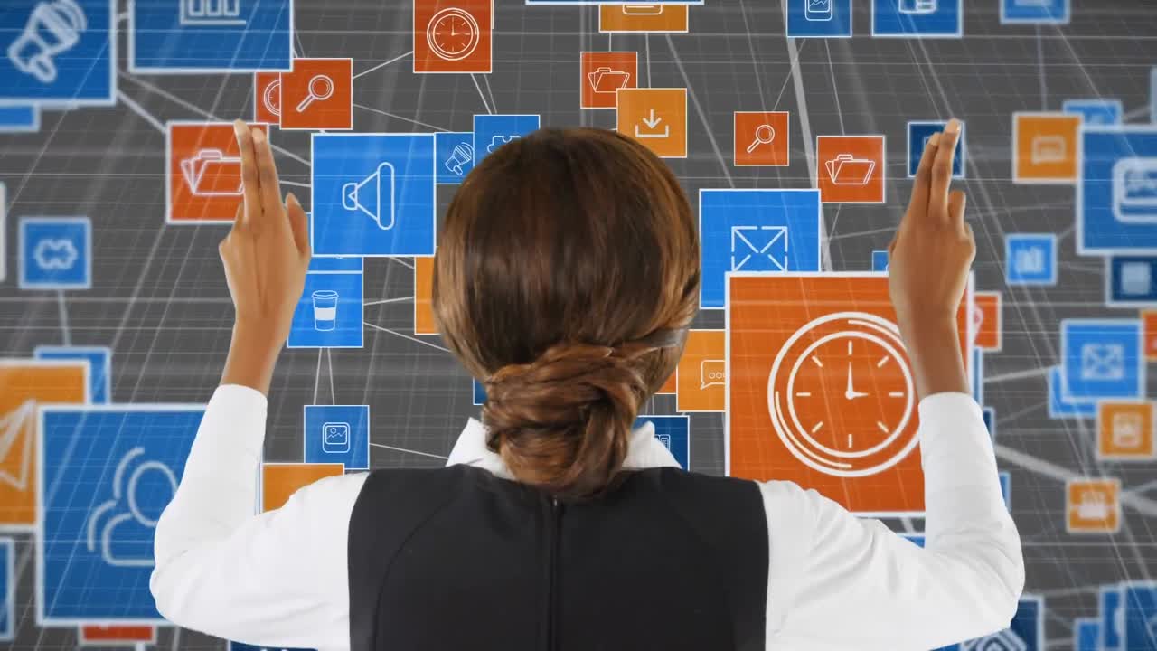 compuesto digital de una mujer mirando una serie de iconos vectoriales