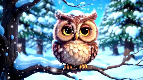 a charming animated owl in a snowy winter wonderland: from a cheerful vigilant gaze to a relaxed snooze amidst beautiful evergreen trees