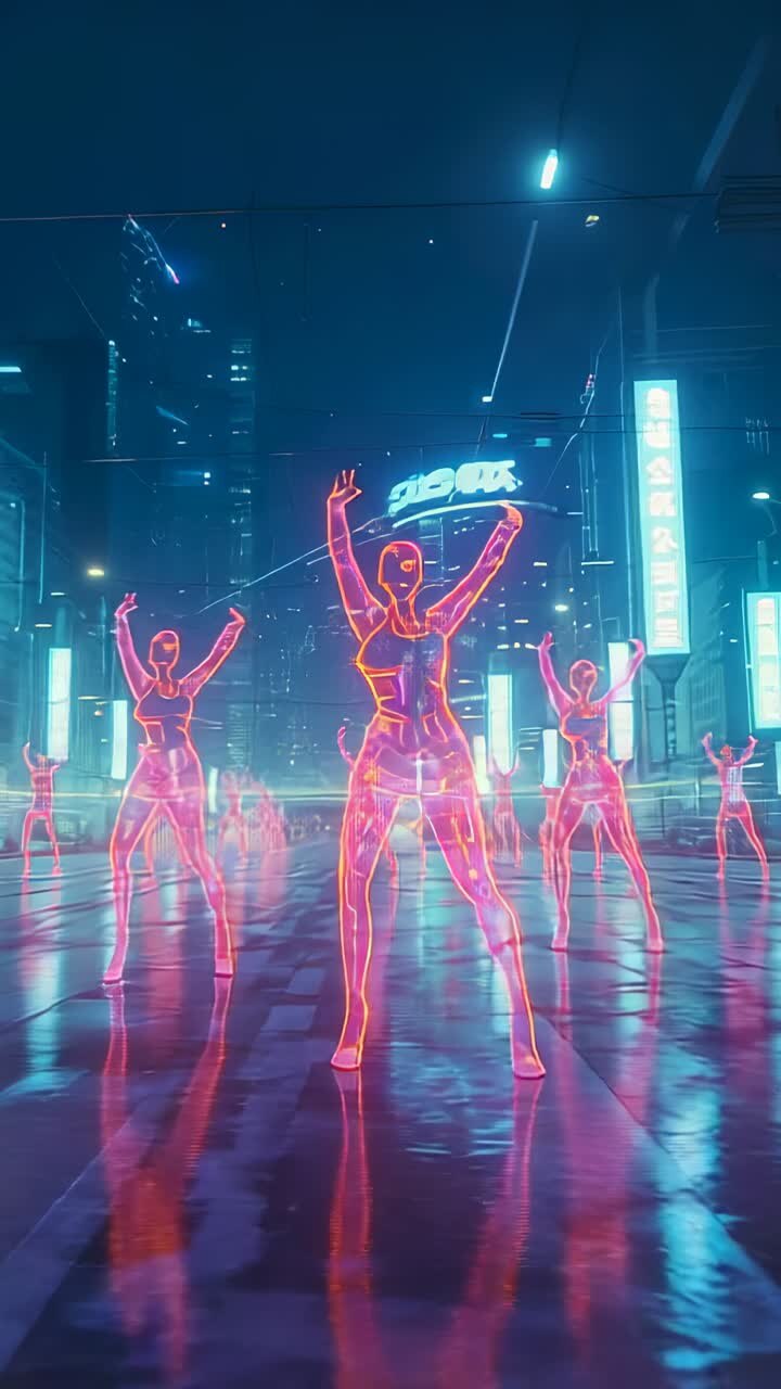 Vertical video: Reacting to first beat, neon-outlined dancers raising arms, swaying on wet pavement