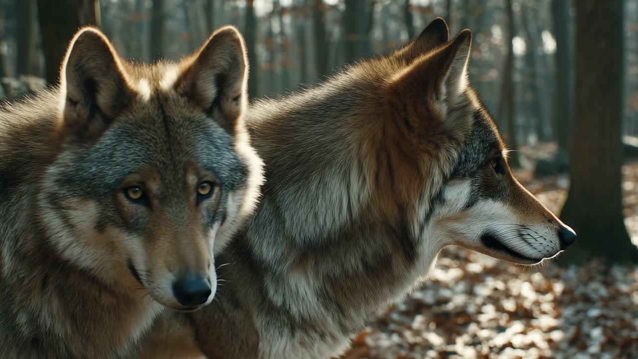 Two Majestic Wolves in a Serene Forest Setting, Showcasing Their Natural Beauty and Intriguing Behavior Amidst the Autumn Leaves