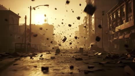 a deserted urban street engulfed in chaos, filled with scattered debris swirling through the air as a dramatic sunset casts an eerie glow over the abandoned buildings