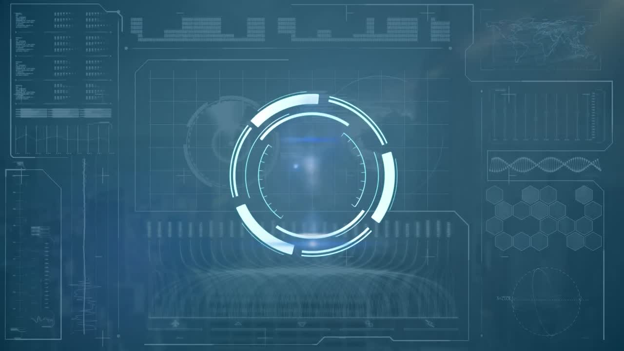 Animation of scope scanning, data and statistics processing over cityscape and screen