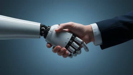 a symbolic handshake between human and robot signifying collaboration and partnership in an era of advanced technology and innovation
