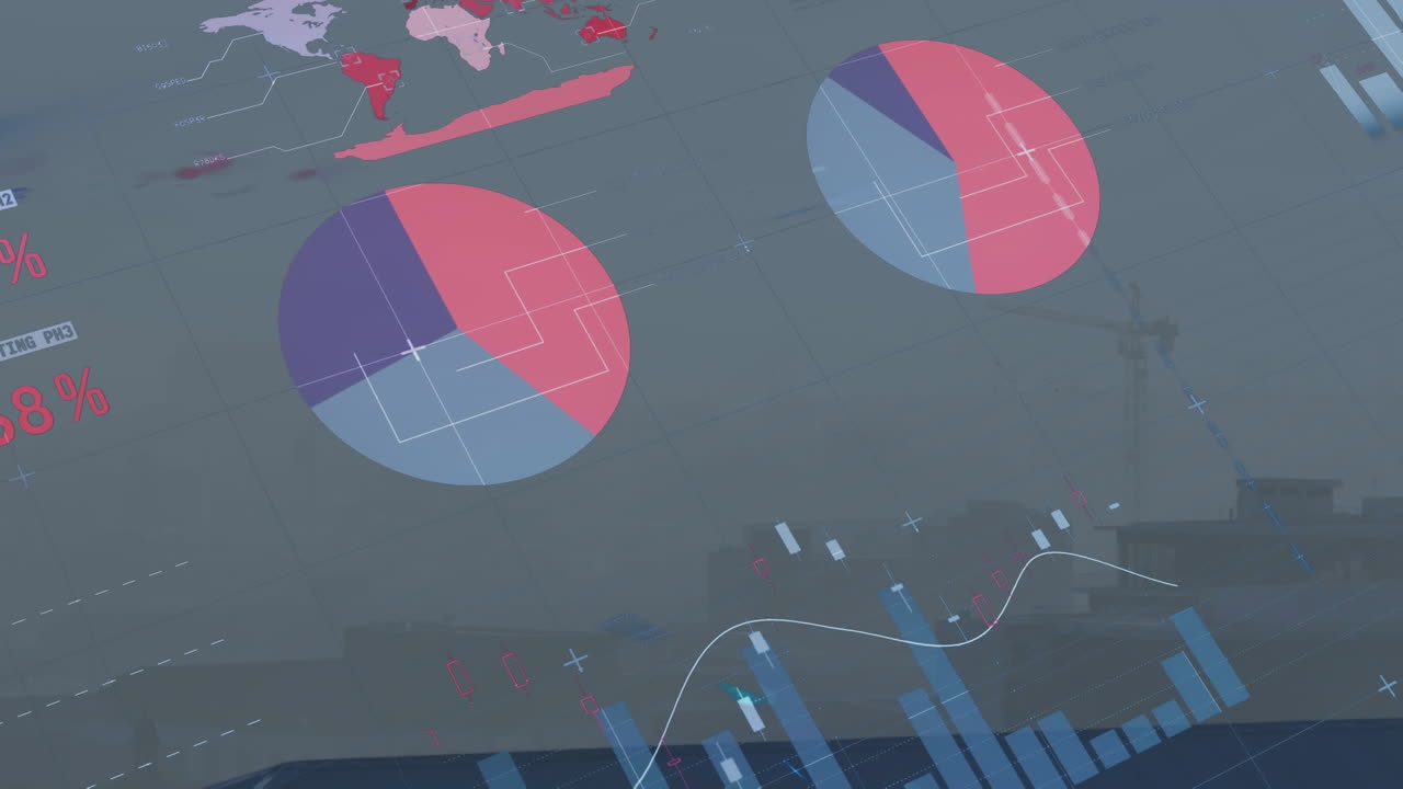 도시 풍경의 공중 전망에 대한 그리드 네트워크를 통해 통계 데이터 처리 애니메이션