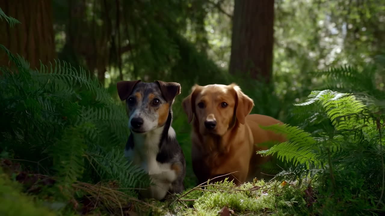 Two Dogs In Forest Ferns, Curious Trail Explorers Peeking Through Moss And Leaf Litter Beneath Towering