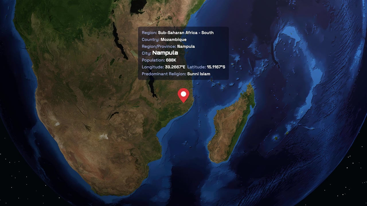 Digital earth rotates and zooms into Nampula Mozambique with an informative data panel overlay
