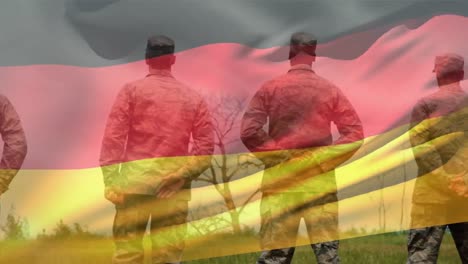 Animation-Der-Deutschen-Flagge-über-Verschiedenen-Männlichen-Soldaten