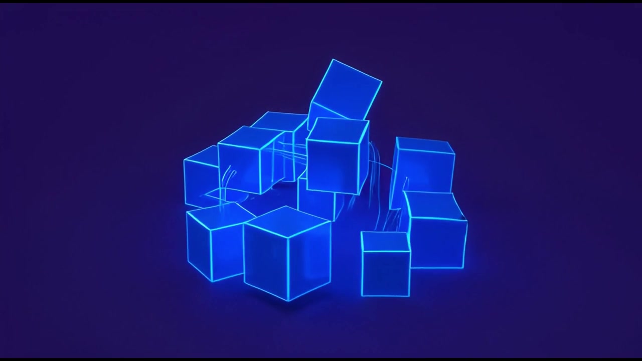 Abstract 3D Animation of Interconnected Glowing Blue Cubes