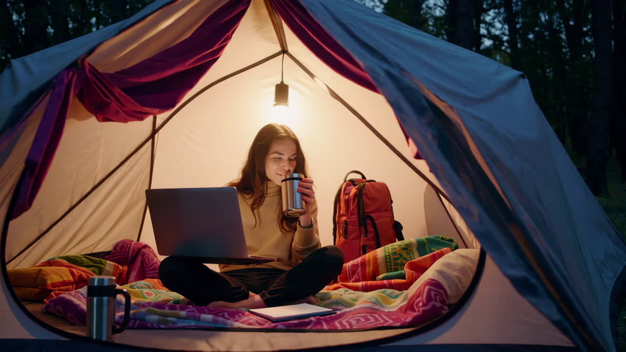 Woman working on laptop inside an illuminated tent during a camping trip