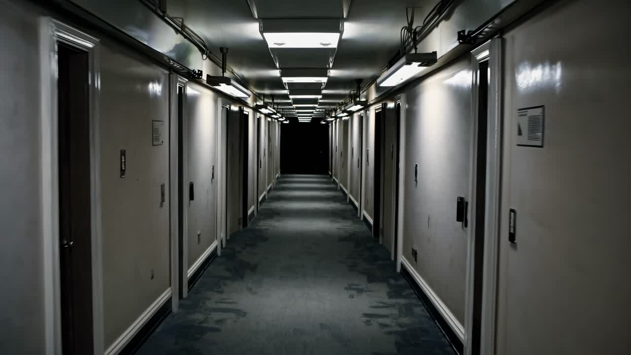A dimly lit, eerie hallway captured from a low-angle perspective, creating a suspenseful video
