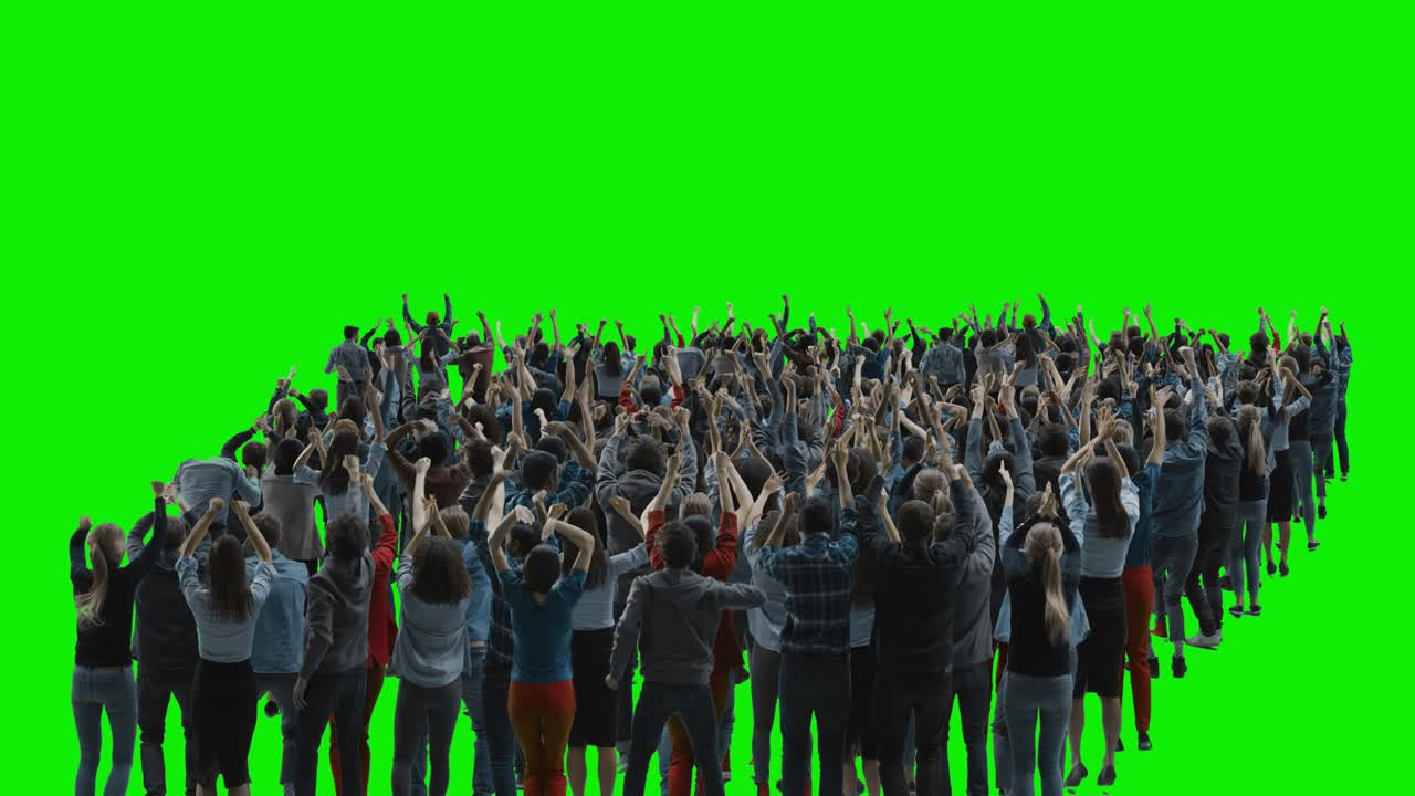 pantalla verde: multitud de personas divirtiéndose, animando, aplaudiendo, celebrando en un evento deportivo, concierto, festival, fiesta. vista trasera. clave de croma, pantalla negra, silueta de personas blancas sobre fondo negro