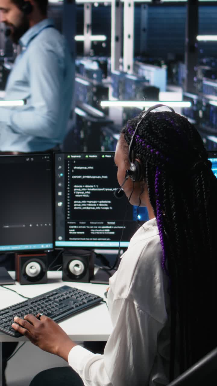 Vertical video Data center computer scientist using AI assistant to provide user support