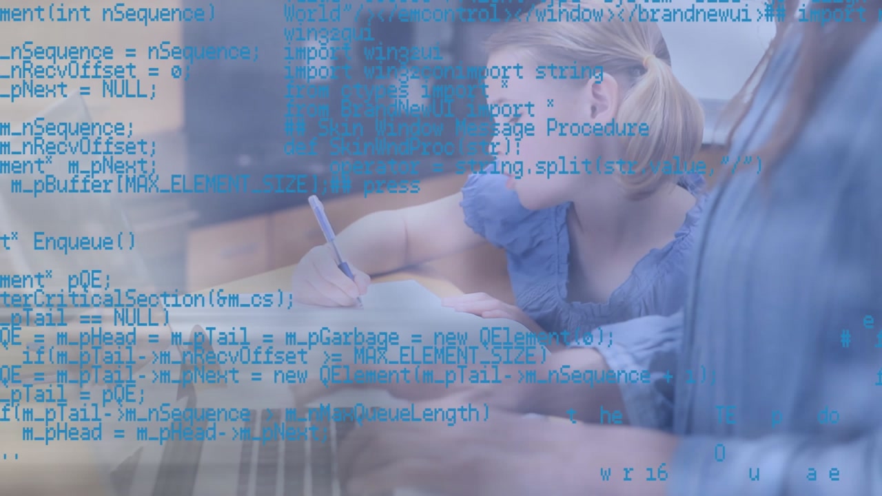 Animation of data processing over mid section of female teacher using laptop at school