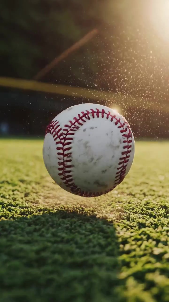 Baseball su campo verde con bagliore solare e particelle di polvere