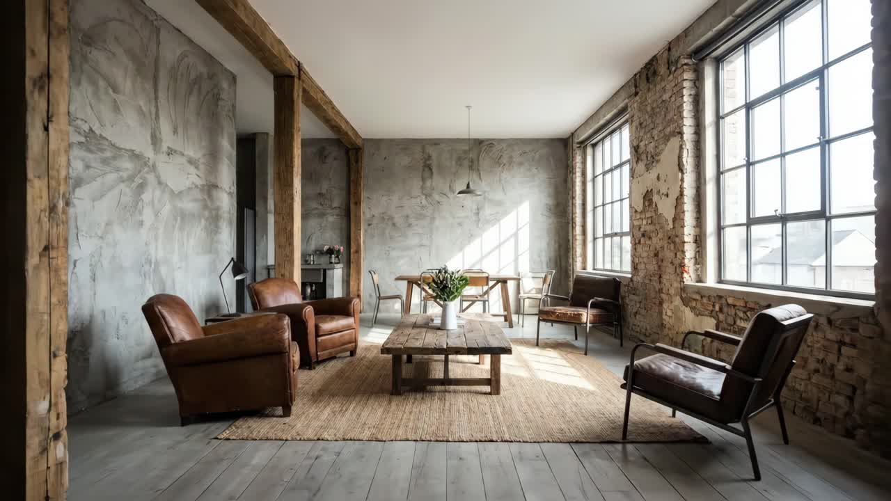 Empty Industrial Style Loft Apartment Interior with Rustic Decor