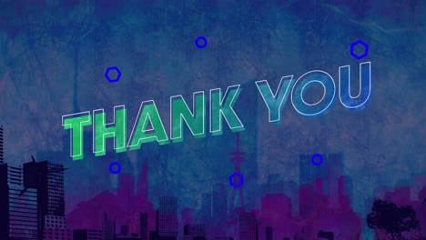 Animation-of-thank-you-text-in-green-and-blue-over-painted-blue-sky-and-black-and-purple-cityscape