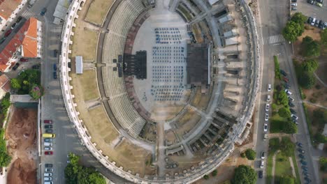 aerial: top down shot of ancient roman pula arena amphitheatre stadium, croatia