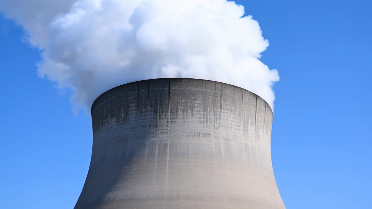 Torre di raffreddamento di una centrale elettrica che emette vapore nel cielo blu.