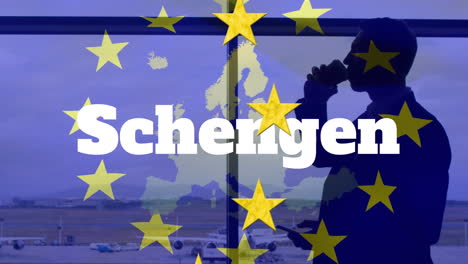 schengen text and yellow stars spinning around eu map against man drinking coffee