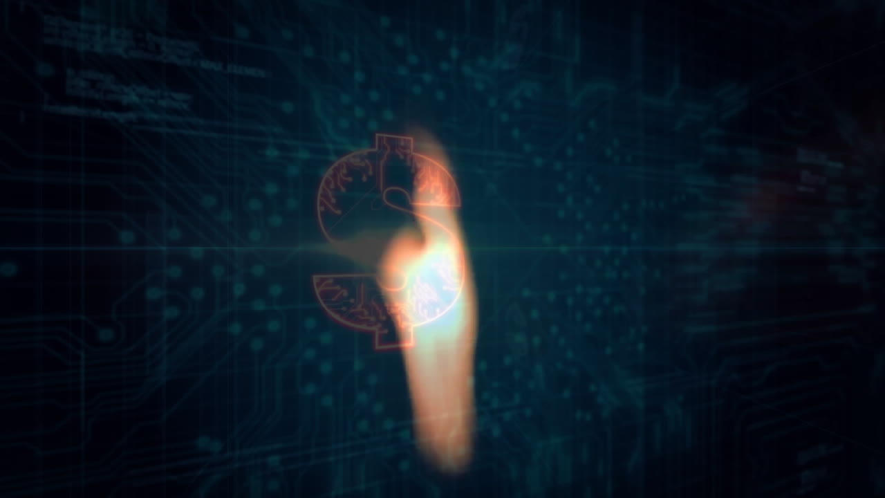 Abstract payment being visualized in grid, with blurred hand holding phone, glowing dollar icon