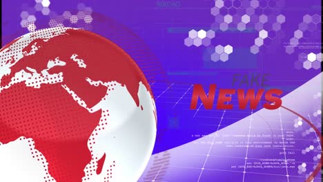 animation of fake news text banner and spinning globe against data processing on purple background