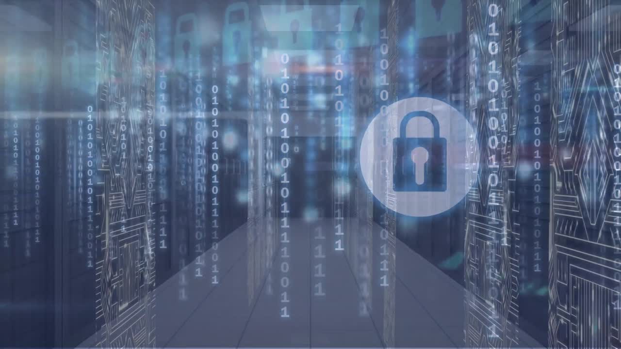 animación de código binario y candado sobre servidores