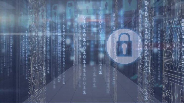 Animation of binary code and padlock over servers