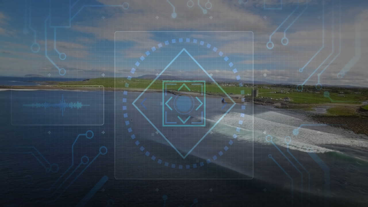 Digital HUD targeting interface hovering over coastal drone view, showing circuit lines and reticle