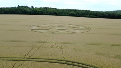 Aerial-view-rising-over-golden-wheat-farmland,-looking-down-at-Micheldever-2023-star-shaped-crop-circle-pattern,-Hampshire