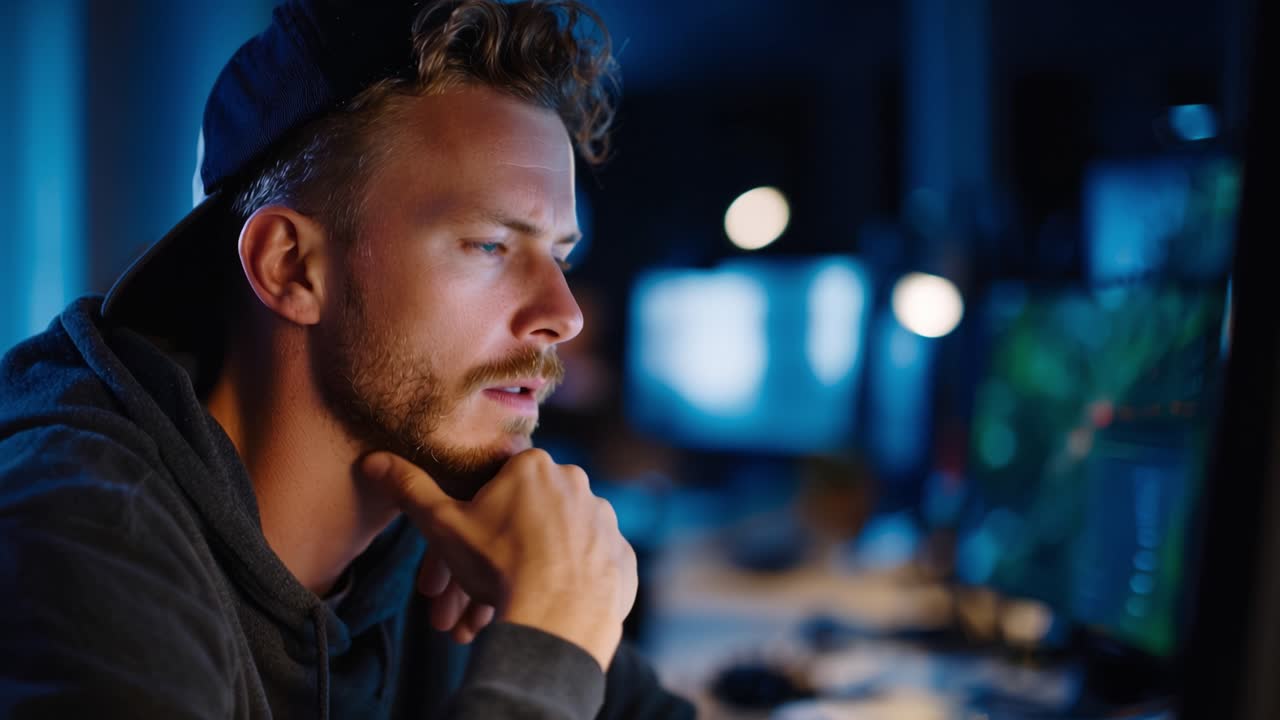 Man stares intently at glowing screens. He rests his chin on his hand, eyes focused. Blue light casts shadows across his face. He appears deeply concentrated or tired