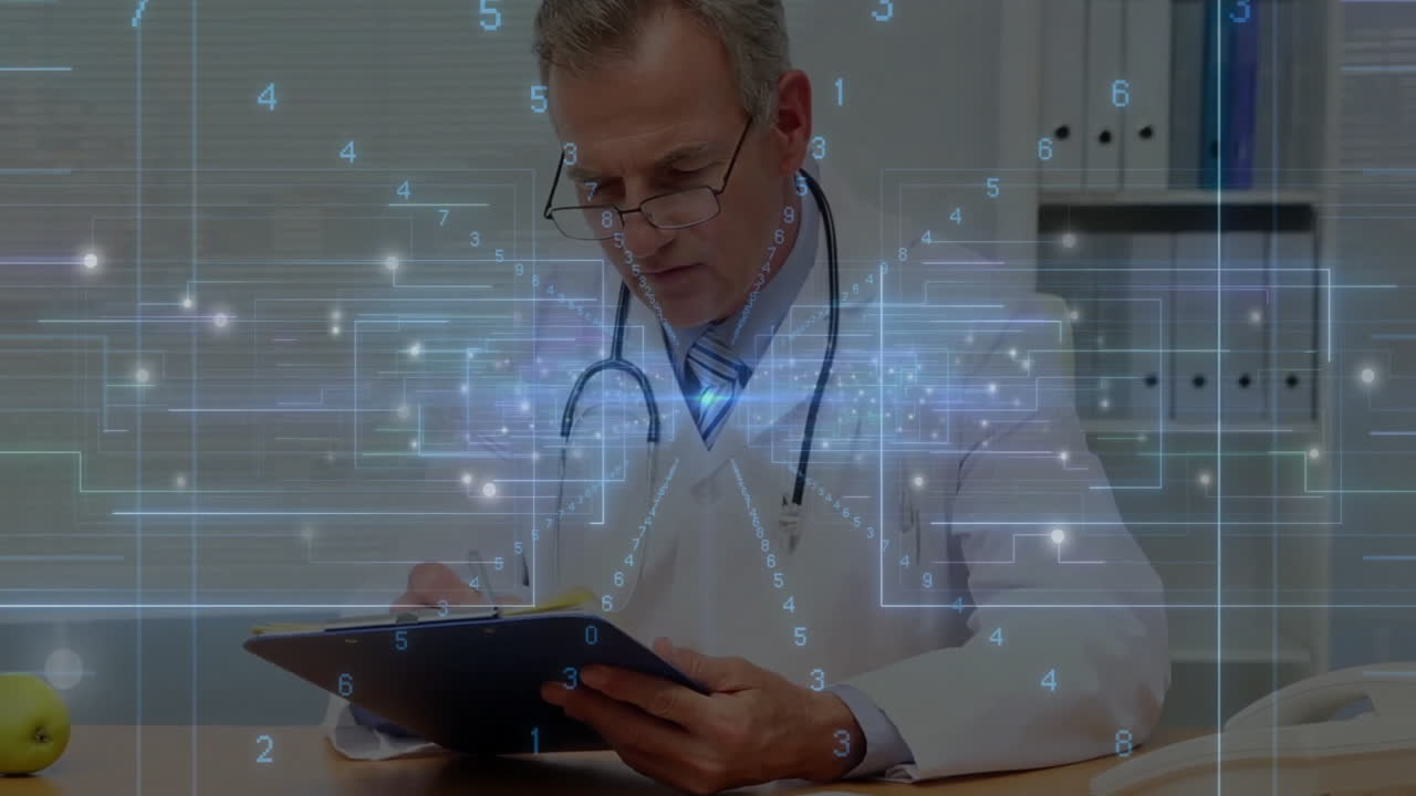 doctor reviewing patient info with stethoscope at desk, digital graphics and floating numbers