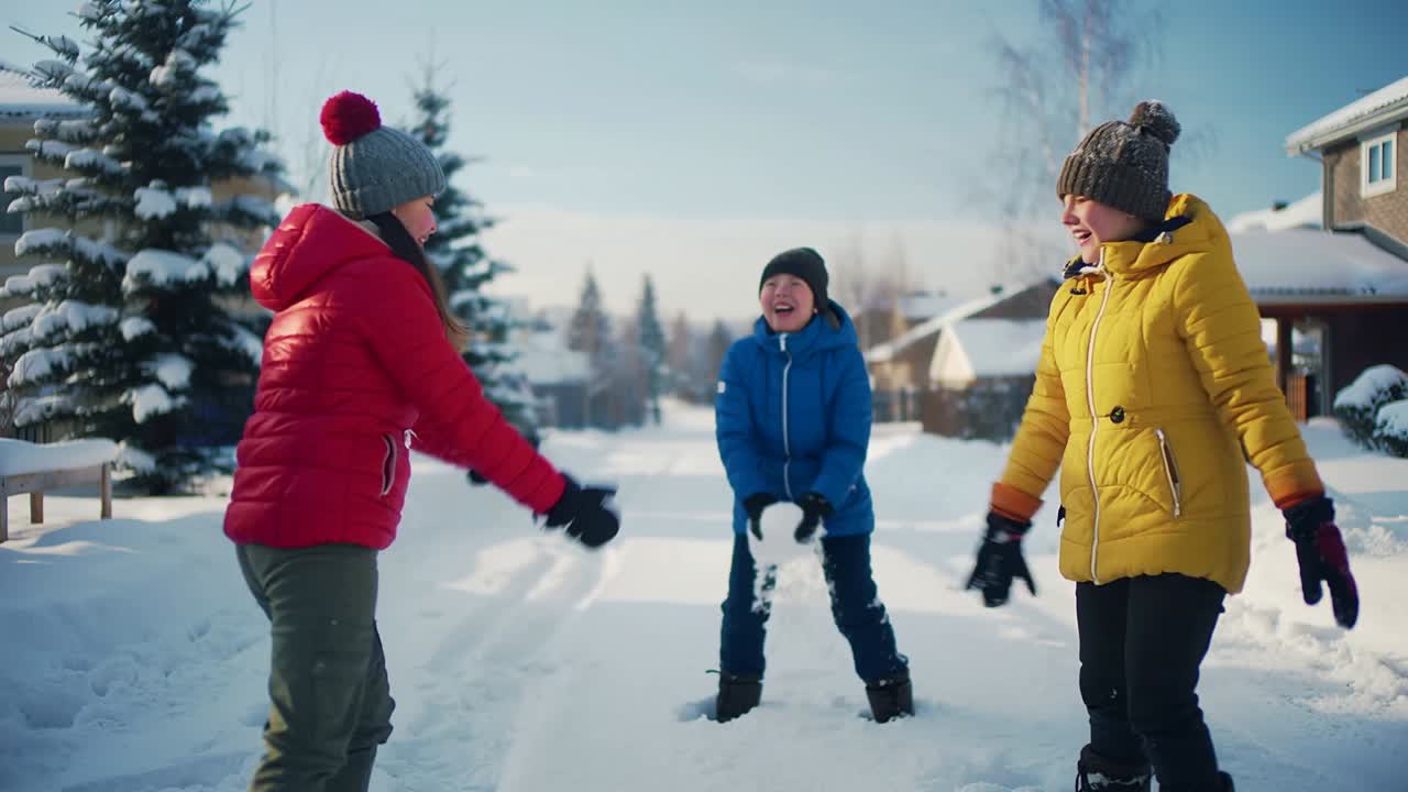 Scooping snow youngest brother triggers sisters bracing and joining snow fight on suburban street