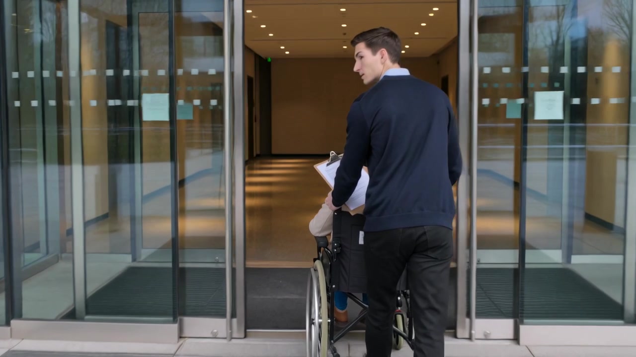 Uomo con maglione blu scuro che spinge una sedia a rotelle, guidando un anziano con dei documenti nella hall con porte che si aprono tramite sensori.