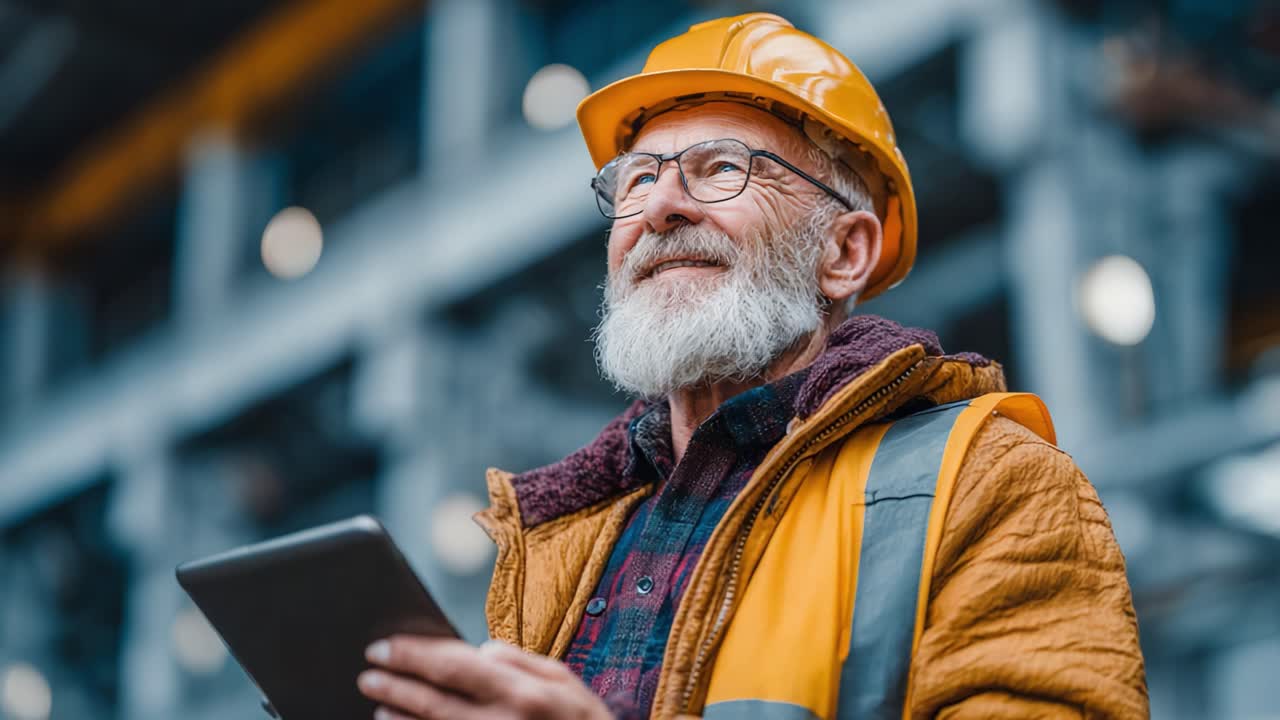 A thoughtful, experienced worker in safety gear holds a tablet while surveying a construction site, showcasing a blend of technology and industry expertise