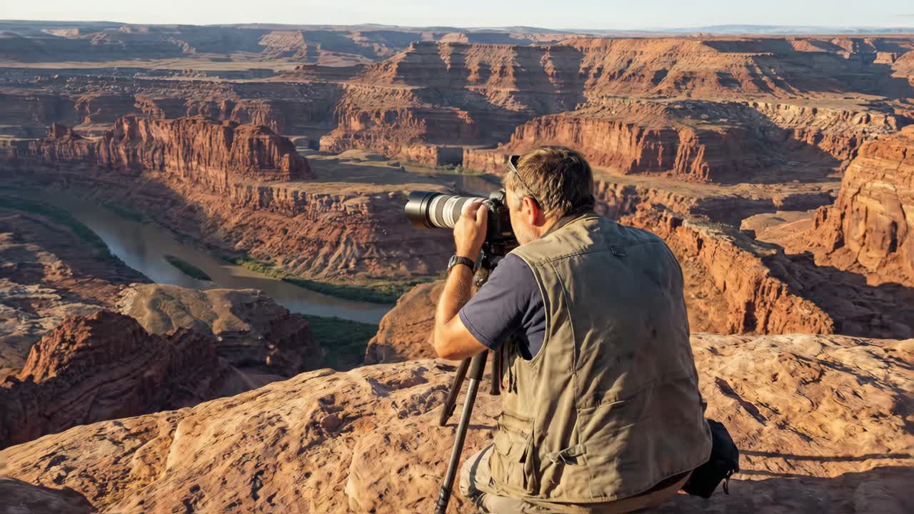 Man Photographing Scenic Canyon Landscape with River at Dead Horse Point