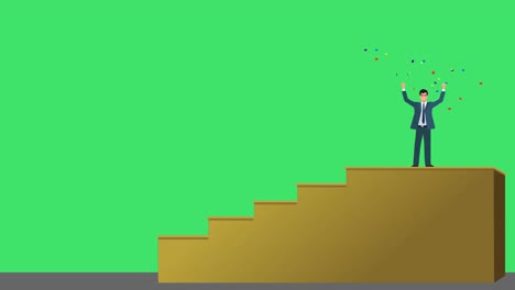 a cartoon or animated version of a business man, entrepreneur, or a sales executive climbing up a staircase to indicate growth, career development, - business growth concept with green screen-1