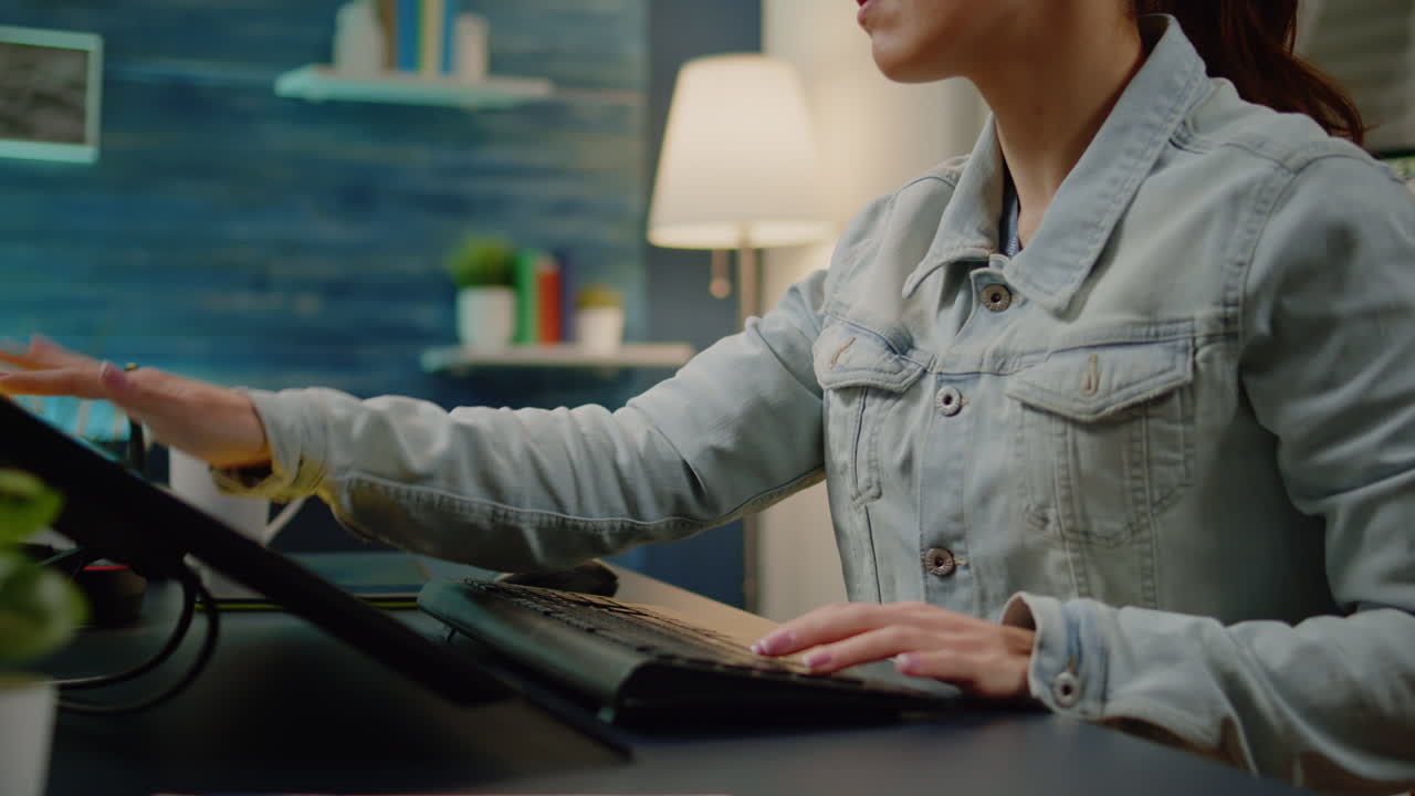 Professional artist using touch screen monitor to edit pictures