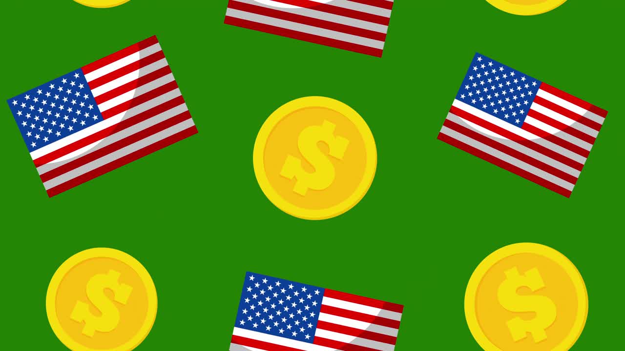 moneda y patrón de la bandera de los estados unidos fondo animación de dólar.4k animación de movimiento. fondo verde.